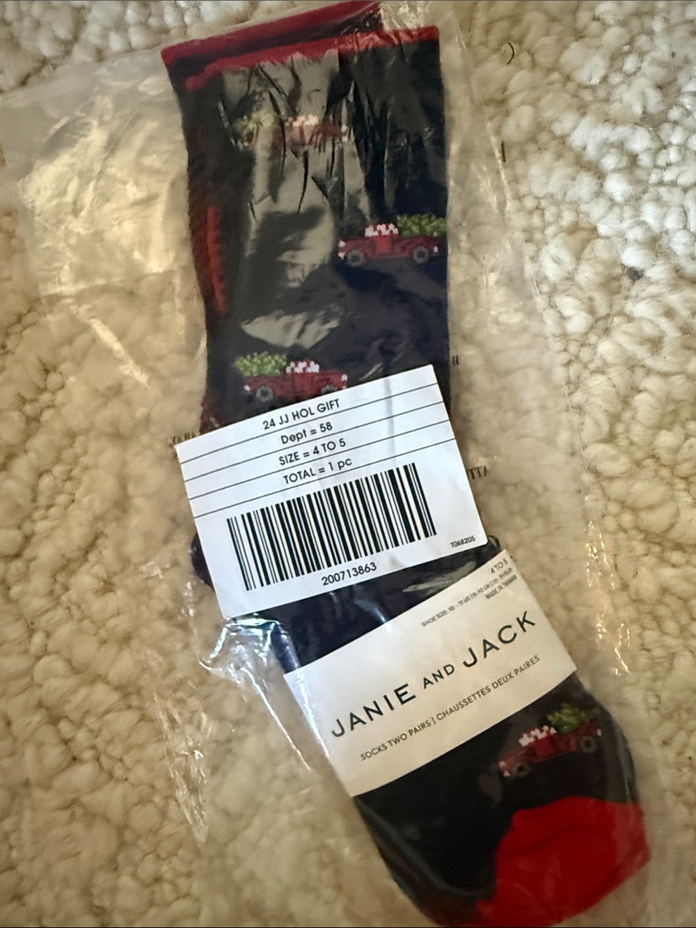 Janie and Jack holiday Black Crew Socks with Red Accents and Truck Motif